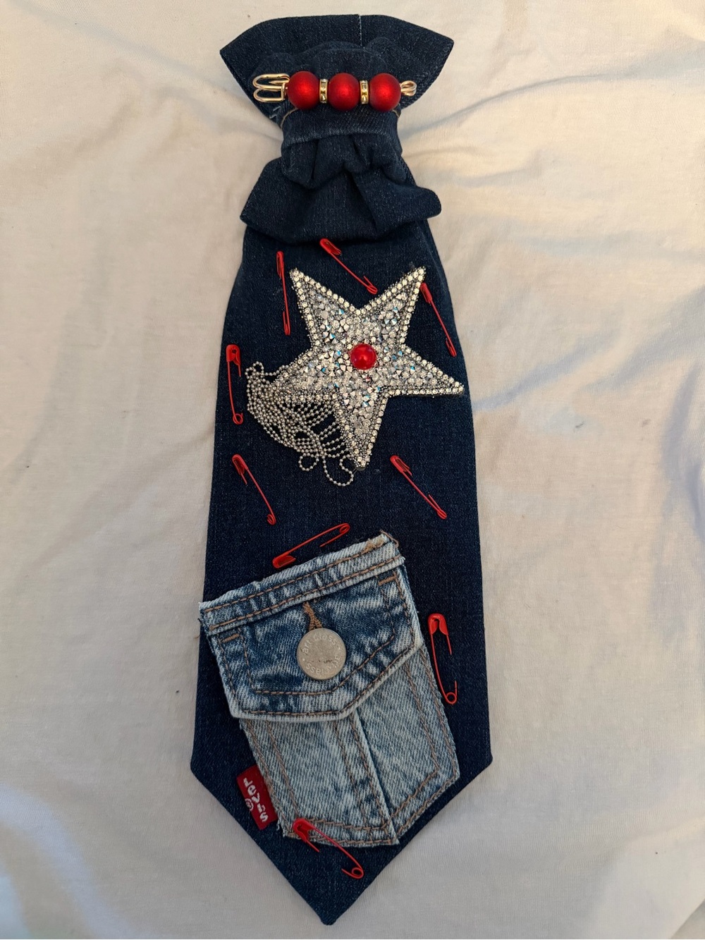 Levi's Upcycled Denim Tie with Rhinestone Star and Red Accents